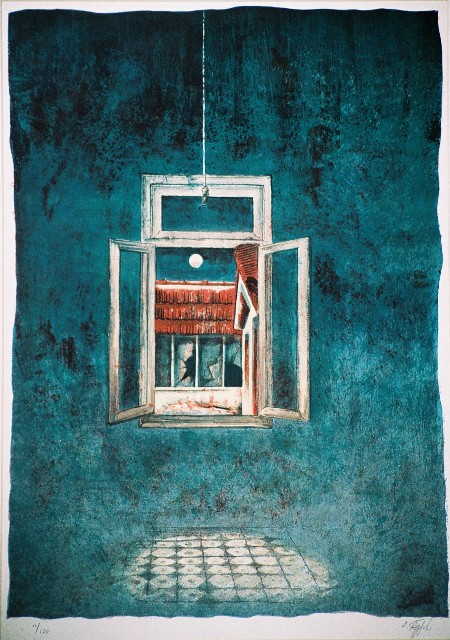 Αγγελίδου Δάφνη (1962), Παράθυρο, Έγχρωμη λιθογραφία. 61 x 43,5 εκ. 11/120, ΠΙνακοθήκη Χαρακτικής Δήμου Ζίτσας.
