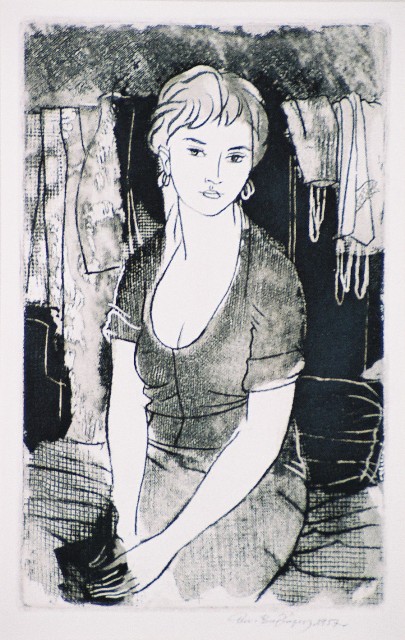 Βαρλάμος Γιώργης (1922-2013), Κοπέλα καθιστή, 1957, οξυγραφία μαλακού βερνικιού, 31,5 x 19,5 εκ., Πινακοθήκη Χαρακτικής, Δήμου Ζίτσας.