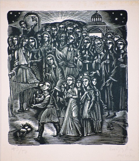 Βασιλείου Σπύρος (1902/3-1985), Ελληνικό Πάσχα, 1942, ξυλογραφία σε όρθιο ξύλο, 14 x 12,5 εκ., Πινακοθήκη Χαρακτικής Δήμου Ζίτσας.