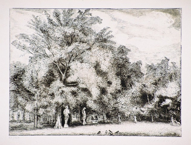 Γαλάνης Δημήτρης (1879-1966), Παρίσι. Ο κήπος του Κεραμεικού, 1952, γραμμική οξυγραφία, 16,6 x 17,3 εκ. , Πινακοθήκη Χαρακτικής Δήμου Ζίτσας.