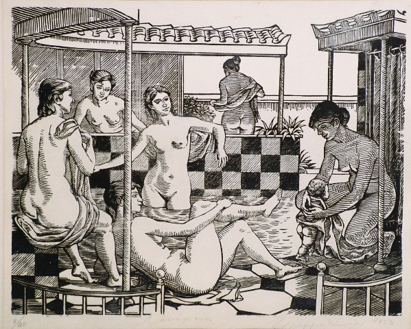 Γραμματόπουλος Κώστας (1916-2003), Λουόμενες, 1958, ξυλογραφία σε πλάγιο ξύλο, 41,5 x 53 εκ., 8/40, Πινακοθήκη Χαρακτικής Δήμου Ζίτσας.