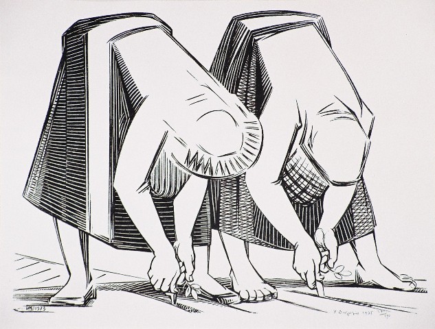 Δαγκλής Χρίστος (1916-1991), Φύτεμα καπνού, 1975, λιθογραφία, 44 x 59,5 εκ., 371/590, Πινακοθήκη Χαρακτικής Δήμου Ζίτσας.