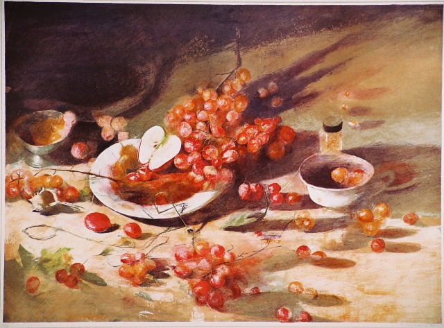 Δασκαλάκης Στέφανος (1952), Σταφύλια Ι, 1994, έγχρωμη λιθογραφία, 55,5 x 75,7 εκ., 49/130 , Πινακοθήκη Χαρακτικής Δήμου Ζίτσας.