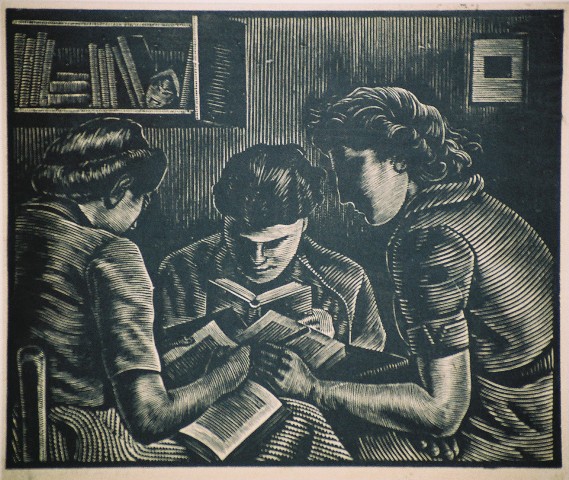 Δήμου Γιώργης (1910-2006), Το διάβασμα, 1939, ξυλογραφία σε πλάγιο ξύλο, 32,2 x 39 εκ., 7/12, Πινακοθήκη Χαρακτικής Δήμου Ζίτσας.