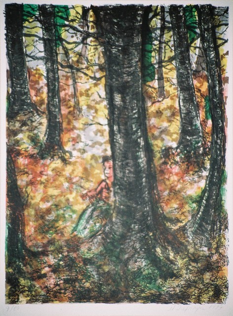 Ζαμπούρα Μαριλένα (1954), Δάσος, 1977, έγχρωμη λιθογραφία, 54 x 40,5 εκ., 9/80, Πινακοθήκη Χαρακτικής Δήμου Ζίτσας.