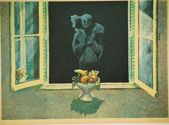 Ζουμπουλάκης Πέτρος (1937), Προσφορά, έγχρωμη λιθογραφία, 34 x 48 εκ., 40/, Πινακοθήκη Χαρακτικής Δήμου Ζίτσας.