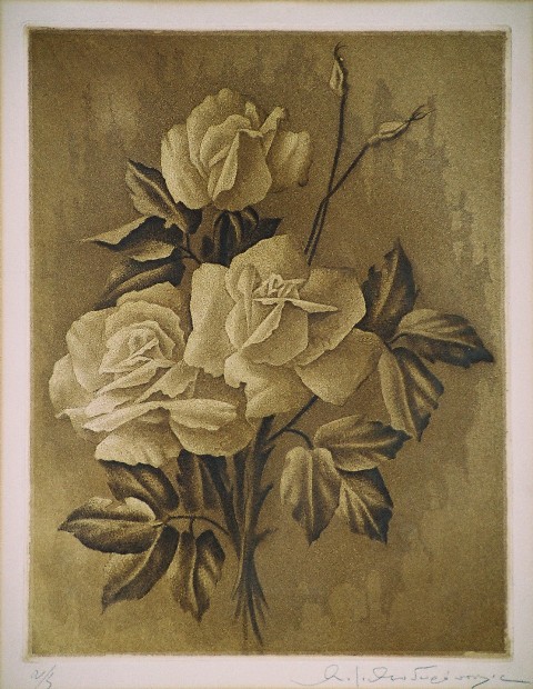 Θεοδωρόπουλος Άγγελος (1883-1965), Τριαντάφυλλα, 1945-48, έγχρωμη γραμμική οξυγραφία, 37,5 x 28,5 εκ., 2/5, Πινακοθήκη Χαρακτικής Δήμου Ζίτσας.