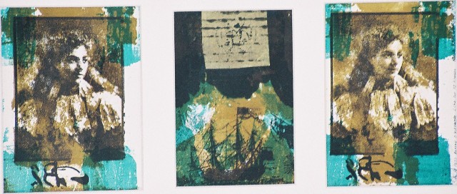 Καπελιάρη Ράνια (1960), Το καραβάκι του Αλέξανδρου, 1990, δοκίμιο έγχρωμης λιθογραφίας. 19,3 x 14,2 εκ., 18,4 x 12,4 εκ., 19,3 x 13,6 εκ. , Πινακοθήκη Χαρακτικής Δήμου Ζίτσας.