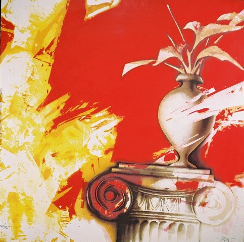 Καράς Χρίστος (1930), Σύνθεση, έγχρωμη μεταξοτυπία, 96 x 96 εκ. 127/195, Πινακοθήκη Χαρακτικής Δήμου Ζίτσας.