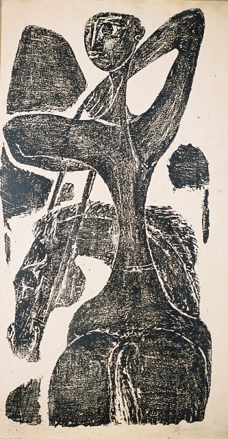 Κατράκη Βάσω (1909-1988), Μινωικό, 1964, δοκίμιο χαράγματος σε πέτρα. 99 x 51 εκ., Πινακοθήκη Χαρακτικής Δήμου Ζίτσας.