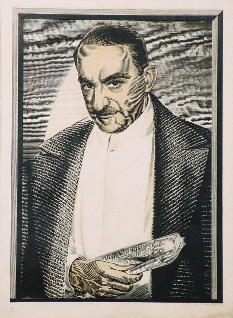 Κεφαλληνός Γιάννης (1894-1957), Προσωπογραφία Δημητρίου Αραβαντινού, μετά το 1938, έγχρωμη ξυλογραφία σε όρθιο ξύλο, 37 x 53,5 εκ. 12/20, Πινακοθήκη Χαρακτικής Δήμου Ζίτσας.