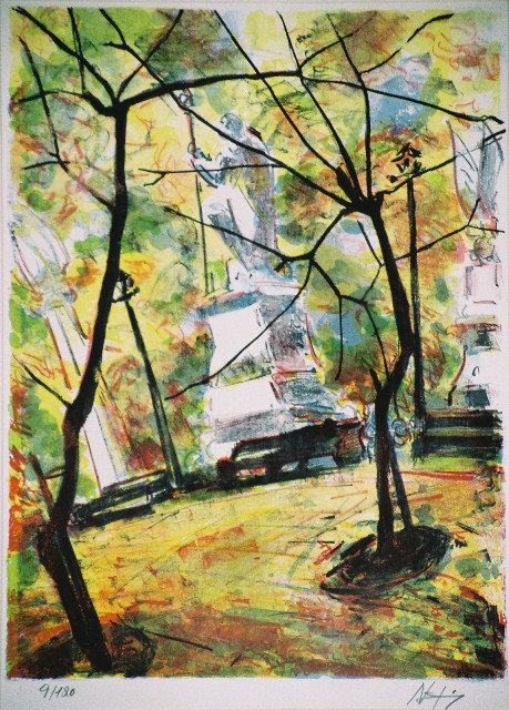 Κληρονόμος Νικόλας (1954), Πλατεία, έγχρωμη λιθογραφία, 53,8 x 40 εκ. 9/120, Πινακοθήκη Χαρακτικής Δήμου Ζίτσας.