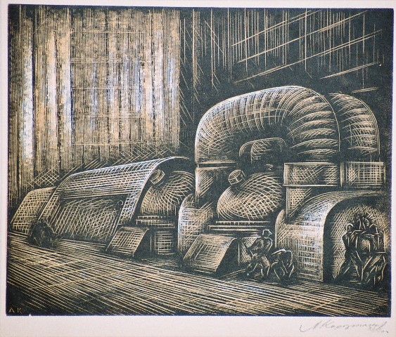 Κορογιαννάκης Αλέξανδρος (1906-1996), Εξηλεκτρισμός, π. 1936, έγχρωμη ξυλογραφία σε όρθιο ξύλο, 19 x 23,5 εκ., Πινακοθήκη Χαρακτικής Δήμου Ζίτσας.