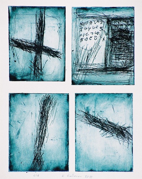 Κωδούνα Κλεοπάτρα (1968), Παράθυρο, 1992-93, δοκίμιο γραμμικής και τονικής χαλκογραφίας, 26,5 x 20 εκ. , Πινακοθήκη Χαρακτικής Δήμου Ζίτσας.