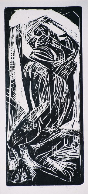 Λαμπρόπουλος Κώστας (1954), Λέων, λινόλαιο, 50 x 22 εκ,. 4/7, Πινακοθήκη Χαρακτικής Δήμου Ζίτσας.