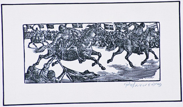 Μανουσάκης Γιώργος (1914-2003), διαδήλωση 25ης Μαρτίου 1943, 1943, ξυλογραφία σε όρθιο ξύλο, 5,3 x 12,5 εκ., Πινακοθήκη Χαρακτικής Δήμου Ζίτσας.