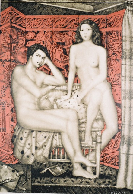 Μανωλίδης Θόδωρος (1940), Τα μοντέλα, έγχρωμη μεταξοτυπία, 96 x 66,8 εκ.. Δ.Ε. 3-5, ΠΙνακοθήκη Χαρακτικής Δήμου Ζίτσας.