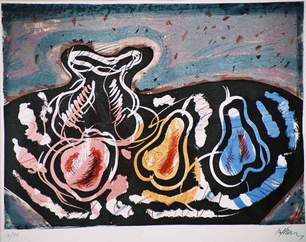 Μαρκίδης Χρήστος (1954), Νεκρή φύση, έγχρωμη λιθογραφία, 37 x 49 εκ., 10/75, Πινακοθήκη Χαρακτικής Δήμου Ζίτσας.