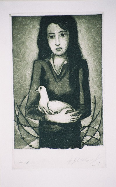 Μαστιχιάδης Φώτης (1913-1997), Κόρη με περιστέρι, δοκίμιο τονικής οξυγραφίας, 14,7 x 9,7 εκ., Πινακοθήκη Χαρακτικής Δήμου Ζίτσας.