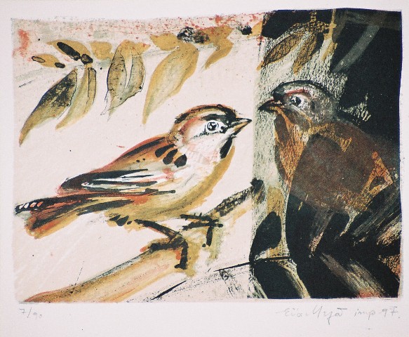 Μελά Εύα (1956), Πουλιά, 1997, έγχρωμη λιθογραφία, 16 x 21,5 εκ., 7/90 , ΠΙνακοθήκη Χαρακτικής Δήμου Ζϊτσας.