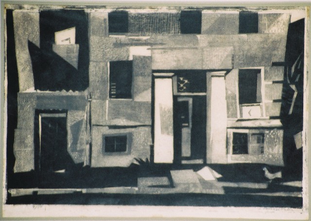 Μοντεσάντου Λουίζα (1917-2007), Το παλιό σπίτι, 1958, ξυλογραφία σε όρθιο ξύλο, 21,8 x 32,5 εκ,. 4/30, Πινακοθήκη Χαρακτικής Δήμου Ζίτσας.