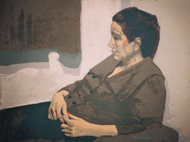 Παλαιολόγος Γιάννης (1957-2009), Γυναίκα, δοκίμιο έγχρωμης μεταξοτυπίας, 30 x 39,7 εκ., Πινακοθήκη Χαρακτικής Δήμου Ζίτσας.