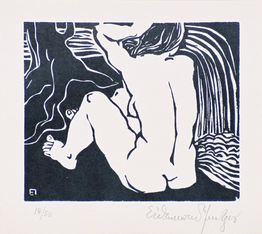 Παπαδημητρίου Ευθύμης (1895-1958), Γυμνό (για το βιβλίο του Στρατή Μυριβήλη Το τραγούδι της Γης [Ελληνική Συμφωνία]), 1937, ξυλογραφία σε όρθιο ξύλο, 12,5 x 14,7 εκ., 14/50, Πινακοθήκη Χαρακτικής Δήμου Ζίτσας.