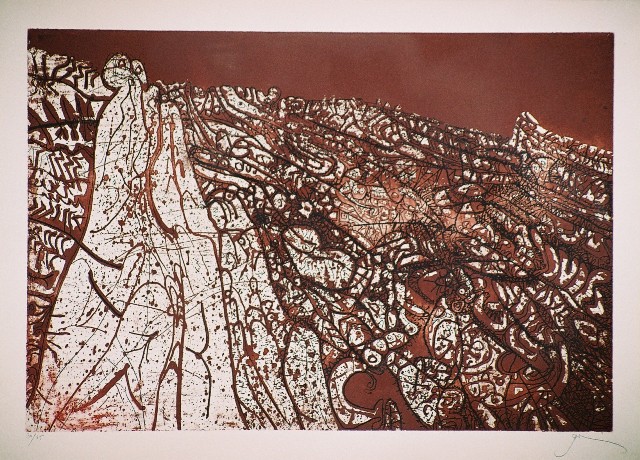 Πράσινος Μάριος (1916-1985), Σύνθεση, έγχρωμη τονική οξυγραφία, 47,5 x 69,5 εκ., 30/65, Πινακοθήκη Χαρακτικής Δήμου Ζίτσας.