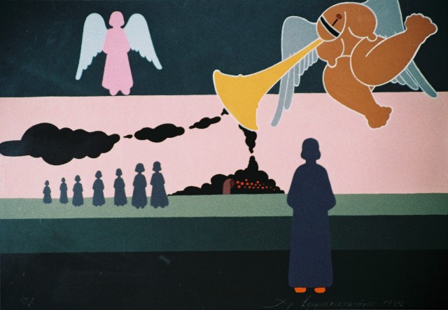 Σαρακατσιάνος Χρήστος (1937), Ανάκρουση, 1982, έγχρωμη μεταξοτυπία, 47 x 67 εκ., 95/180, Πινακοθήκη Χαρακτικής Δήμου Ζίτσας.