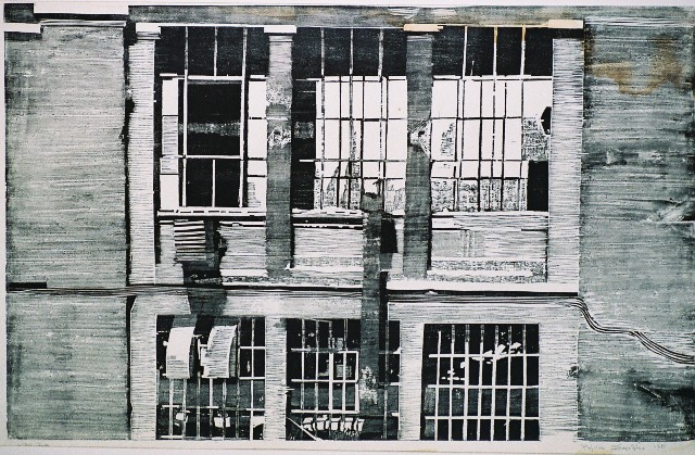 Σαρελάκου Ρουμπίνα (1950), Σπίτι, 1978, ξυλογραφία σε πλάγιο ξύλο, 56 x 89,5 εκ., 1/20, Πινακοθήκη Χαρακτικής Δήμου Ζίτσας.