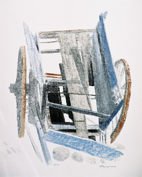 Σόρογκας Σωτήρης (1936), Παλιά άμαξα, έγχρωμη μεταξοτυπία, 44 x 34,8 εκ., 132/195, Πινακοθήκη Χαρακτικής Δήμου Ζίτσας.