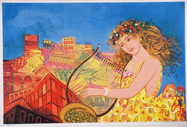 Σταθόπουλος Γιώργος (1948), Κοπέλα με άρπα, έγχρωμη μεταξοτυπία, 60 x 90,8 εκ., 60 x 90,8 εκ., 19/195, Πινακοθήκη Χαρακτικής Δήμου Ζίτσας.