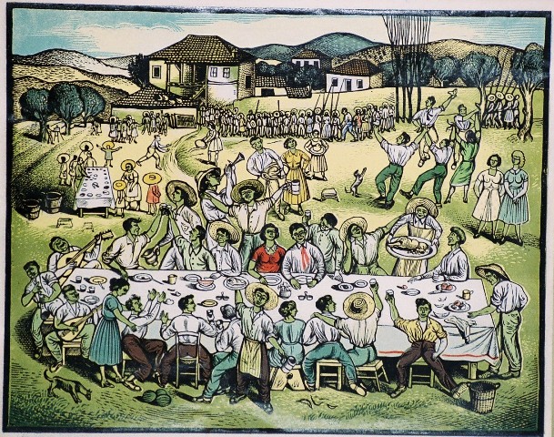 Τάσσος Α. (1914-1985), Χωριάτικος γάμος, 1947, έγχρωμη ξυλογραφία σε πλάγιο ξύλο, 42,5 x 54,3 εκ., 5/10, Πινακοθήκη Χαρακτικής Δήμου Ζϊτσας.