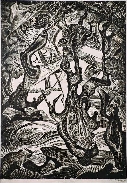 Τηνιακός Δημήτρης (1914/20-1997), Τοπίο της Άνδρου, ξυλογραφία σε πλάγιο ξύλο, 67,5 x 48 εκ., Πινακοθήκη Χαρακτικής Δήμου Ζίτσας.