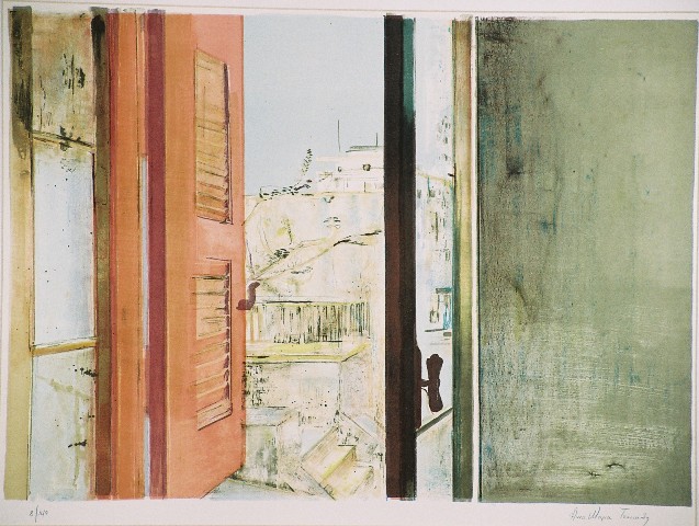 Τσάκαλη Άννα-Μαρία (1959), Οκτώβρης, έγχρωμη λιθογραφία. 47 x 66,5 εκ., 8/140, Πινακοθήκη Χαρακτικής Δήμου Ζίτσας.