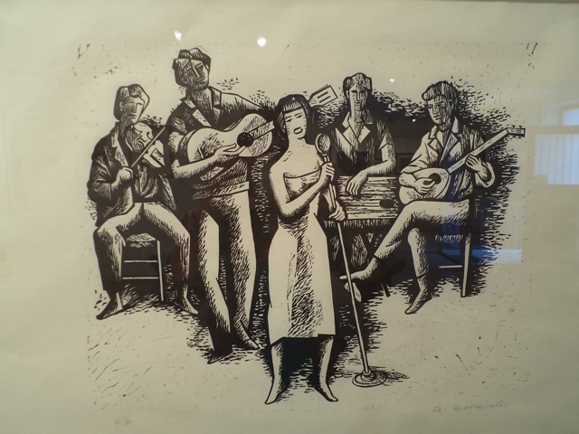 Αστεριάδης Αγήνωρ (1898-1977), Τα μπουζούκια, 1968, λινόλαιο, 31 x 38,5 εκ., 6/30, Πινακοθήκη Χαρακτικής Δήμου Ζίτσας.