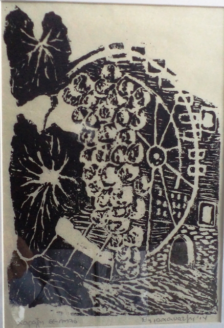 Γιαχανατζή Νέλλη (1952), Κρασί-Σταφύλι, 2014, χάραγμα σε πηλό, Πινακοθήκη Χαρακτικής Δήμου Ζίτσας.