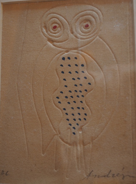 Ανδρέου Ιωάννης (1960), Κουκουβάγια, έγχρωμη βαθυτυπία, 16,5 x 10 εκ., H.C., Πινακοθήκη Χαρακτικής Δήμου Ζίτσας.